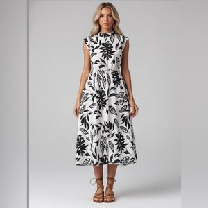 Black/White Floral Midi Dress